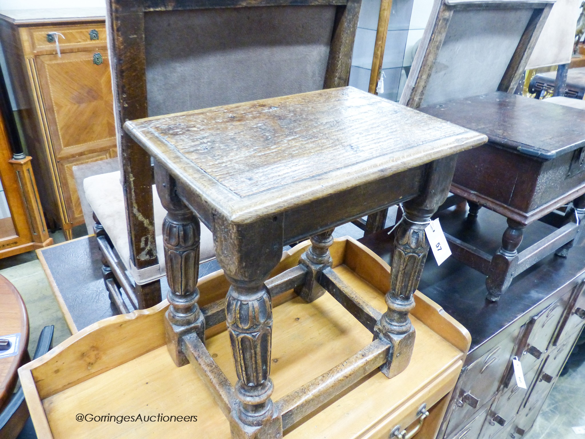 An Elizabethan style rectangular oak joint stool, width 43cm, depth 28cm, height 47cm